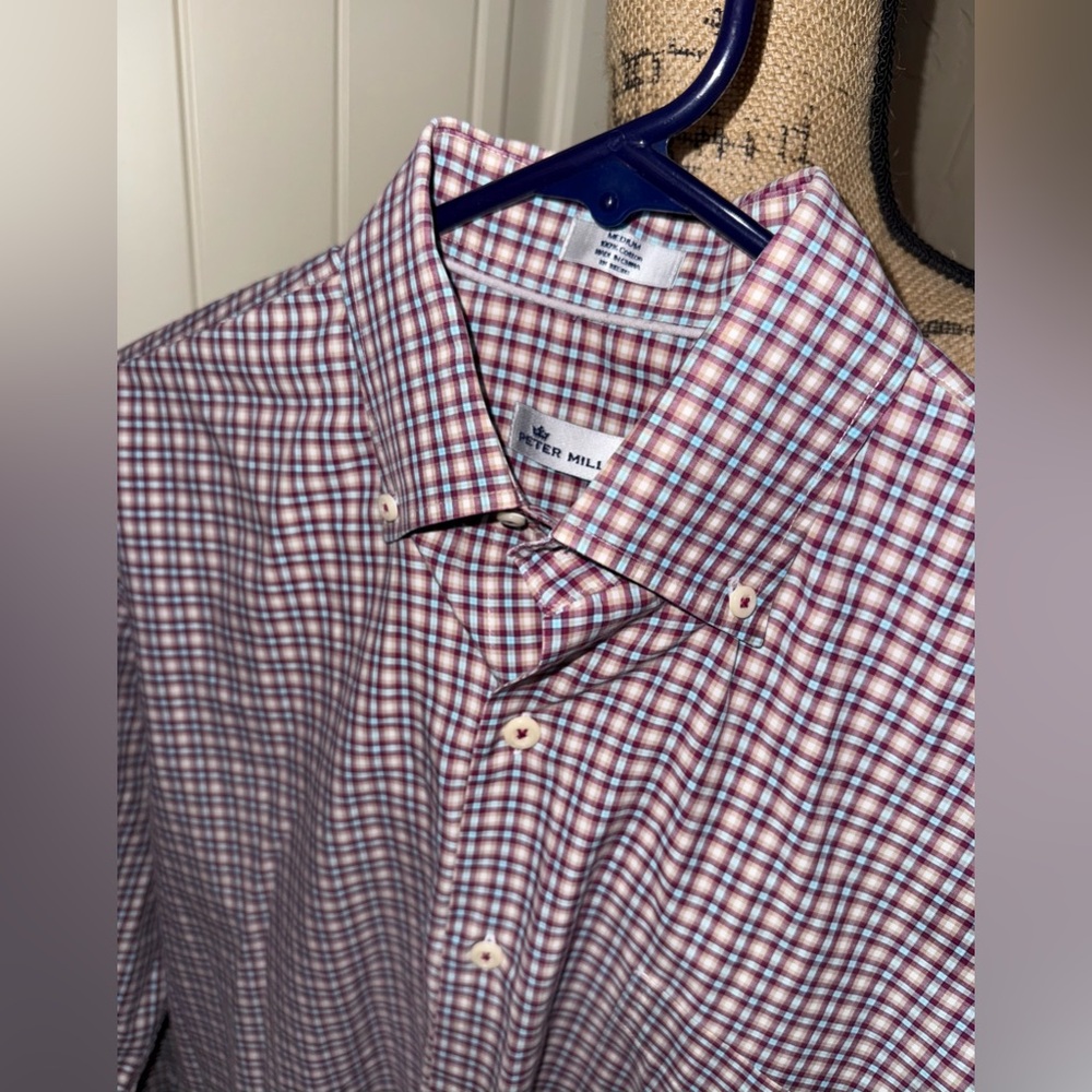 Peter Millar Cotton Comfort Button Down Shirt Red Blue Plaid Mens Medium